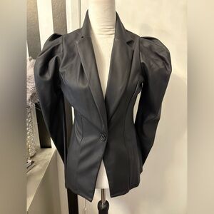 Faux Leather Black Puff Sleeve Blazer and Pant Set